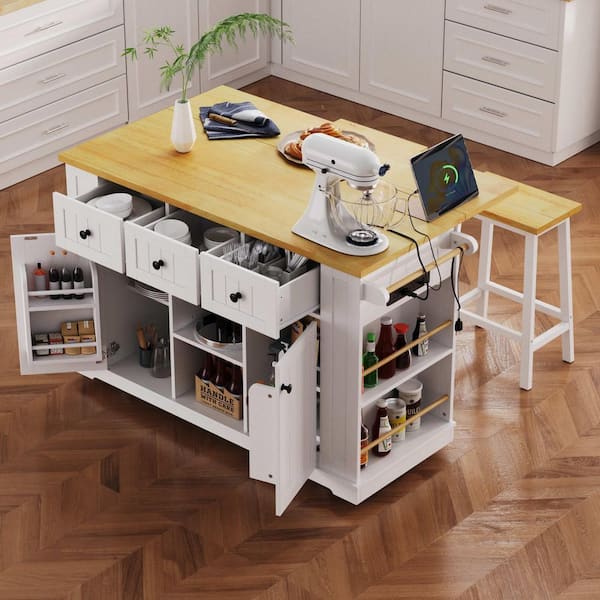 Ximuprmy White Wood 53 in. Kitchen Island with 2 Bar Stools, Drop Leaf, 3-Power Outlet and 5 Open Side Racks for Kitchen Room