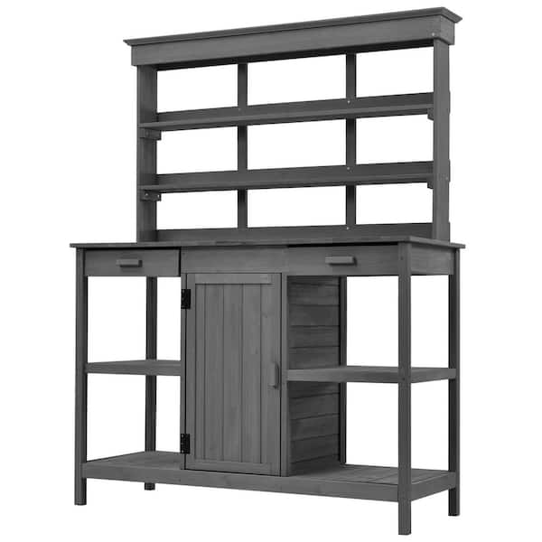 Renvor 50.2 in. W x 19.7 in. D x 66 in. H Gray Wood Outdoor Garden Potting Bench Table with Shelves, Drawers and Cabinet