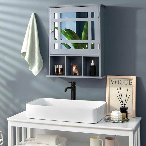 Gymax Wall-Mounted Bathroom Storage Organizer Mirrored Medicine Cabinet  with Shelf Grey 