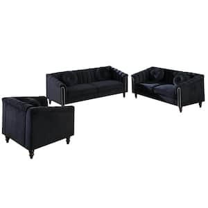 StarHomeLiving 75 in. W Round Arm 3-Piece Velvet Rectangular Sectional Sofa in Black