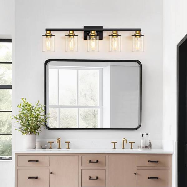 YANSUN 33 in. 5-Light Black and Gold Bathroom Vanity Light with Clear ...