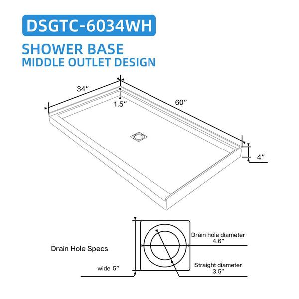60 in. L x 34 in. W Alcove Shower Pan Base with Center Drain in White