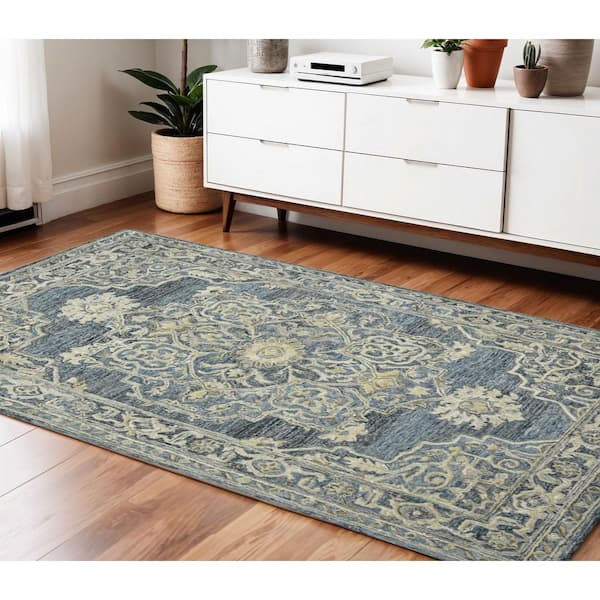 4 ft. x 6 ft. Denim Blue And Ivory Wool Oriental Hand Tufted Area Rug