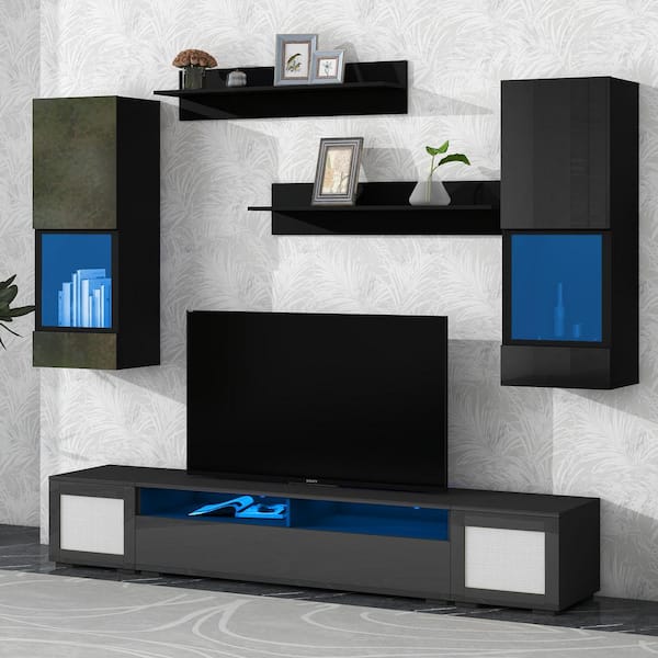 Harper & Bright Designs Black Rattan Style 7 Pieces Floating TV Stand Fits TV's up to 90 with Storage Cabinets and Color Changing LED Lighting