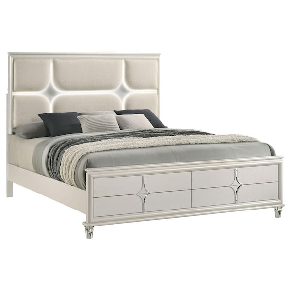 Olivia Pearl White and Ivory Wood Frame Eastern King Panel Bed with LED Headboard