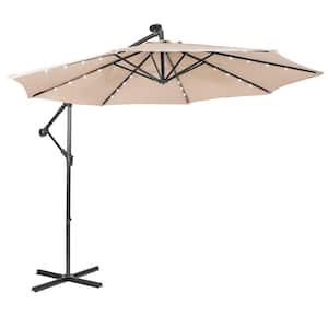 10 ft. Octagon Steel Cantilever 32 Solar LED Lighted Tilt Patio Umbrella in Beige Offset Umbrella with Crank and Stand