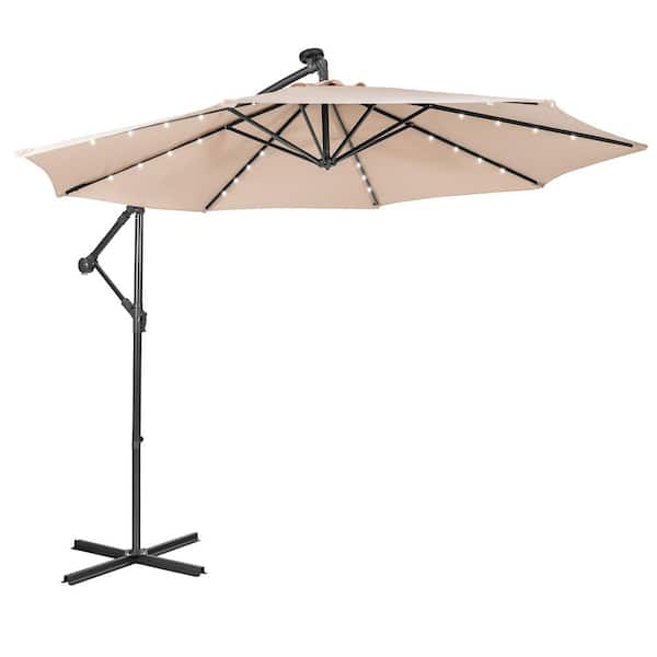WELLFOR 10 ft. Octagon Steel Cantilever 32 Solar LED Lighted Tilt Patio Umbrella in Beige Offset Umbrella with Crank and Stand