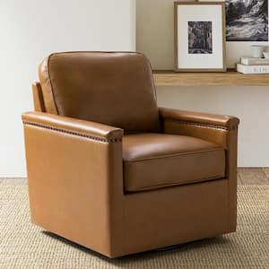 Angel Camel 29 in. Wide Genuine Leather Swivel Arm Chair with Nailhead Trims and Metal Base