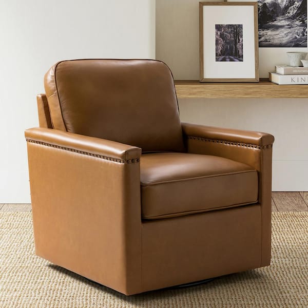 JAYDEN CREATION Angel Camel 29 in. Wide Genuine Leather Swivel Arm Chair with Nailhead Trims and Metal Base