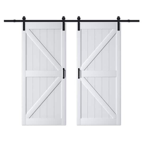 ARK DESIGN 72 in. x 84 in. Paneled K Shape MDF White Primed Double Sliding Barn Door Slab with Hardware Kit