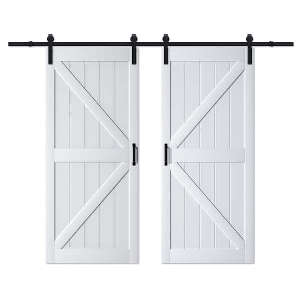 ARK DESIGN 72 in. x 84 in.（Two 36 in. Slabs）White Primed K-Shape MDF Double Sliding Barn Door with Hardware Kit