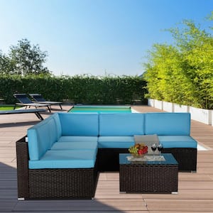 Brown 6-Piece PE Wicker Patio Conversation Sectional Set with Blue Cushions Outdoor Patio Furniture Sets Sofa Sets