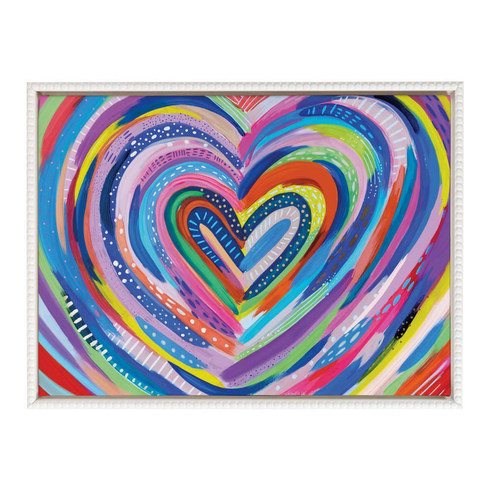 Vibrant Multicolor Heart Burst Canvas Wall Art with White Beaded Frame, 18x24