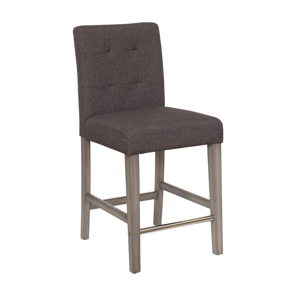 Charcoal Brown Tufted Fabric Counter Height Barstool with Wooden Legs