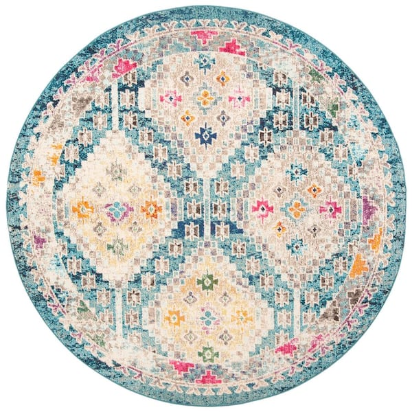 SAFAVIEH Madison Dark Blue/Yellow Doormat 3 ft. x 3 ft. Round Geometric Area Rug