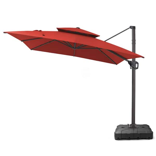 Pellebant 11.5 ft. x 9 ft. Dual-top 360° Rotation Offset Outdoor Cantilever Patio Umbrella in Red with Fillable Base