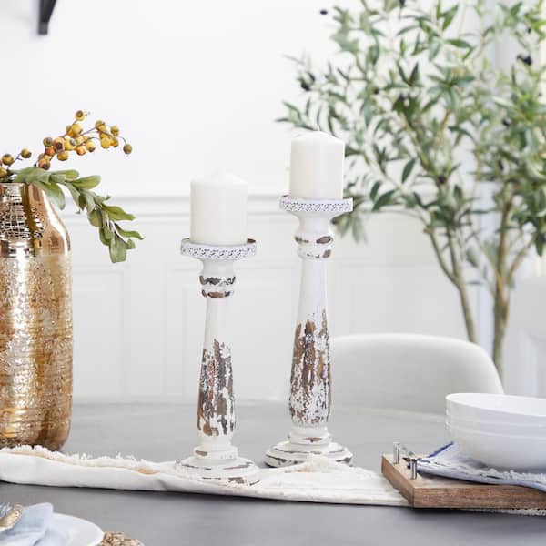Brown Wood Distressed Pillar Candle Holder (Set of 2)