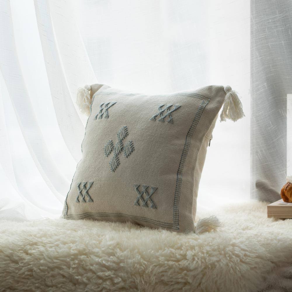Bohemian Grey & White Cotton 16" Square Throw Pillow with Tassels