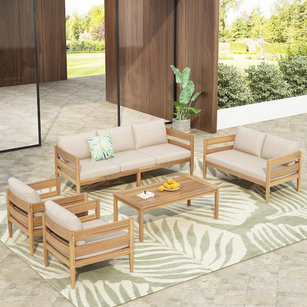 Wanda Outdoor 5-Piece Solid Wood Patio Conversation Set with Beige Cushions, Light Teak Finish, Curved Back