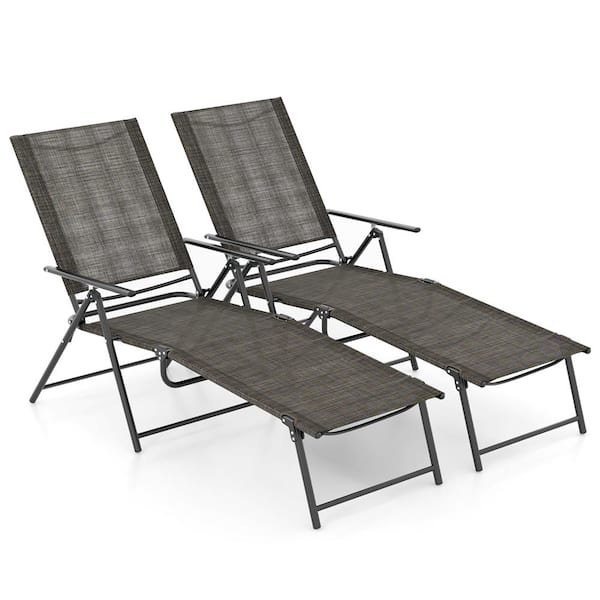 Costway 2-Piece Patio Folding Chaise Lounge Chairs with 6-Level Backrest Reclining Chairs Tan