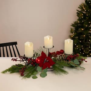 32 in. Triple Candle Holder with Red Berry and Poinsettia Christmas Decor
