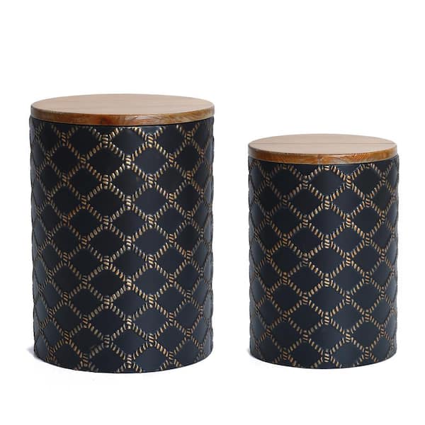 LuxenHome 13.8 in. Black Round Wood End Tables with Storage (Set of 2)