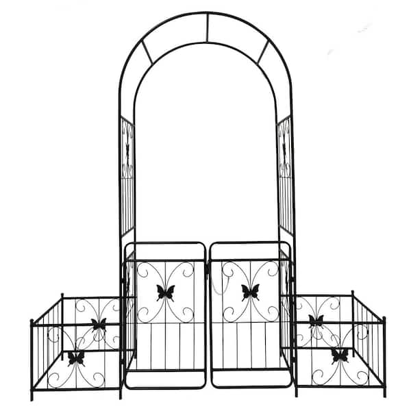 Jushua 86.6 in. x 79.5 in. Metal Garden Arch Arbor with Gate, Climbing Plants Support Arch, Outdoor Party Events Archway, Black