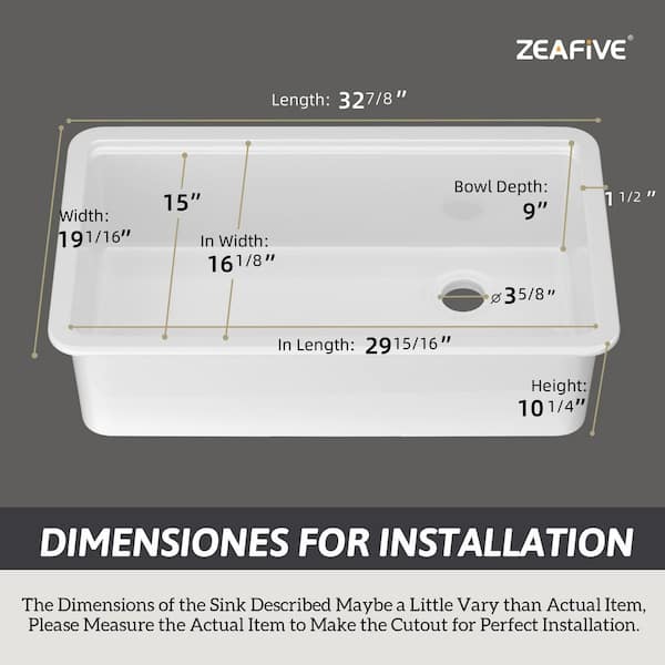 Zeafive Sino 33 in. Drop-In/Undermount Single Bowl White Fireclay