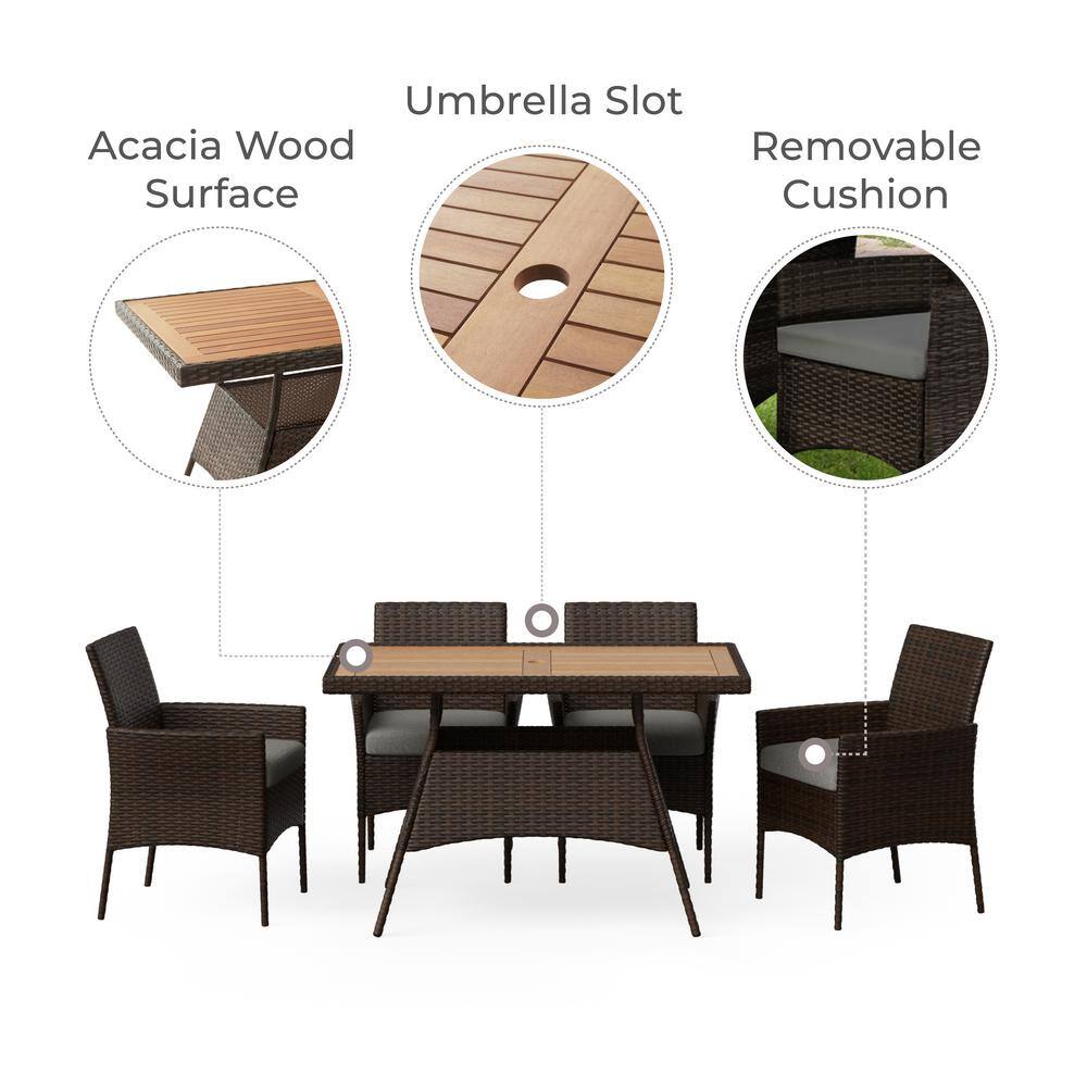 Brown 5-Piece Rattan and Acacia Wood Outdoor Dining Set