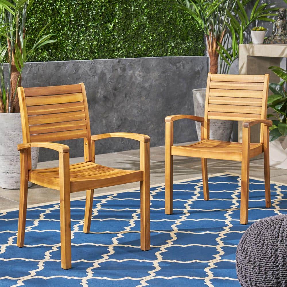 Coastal Acacia Wood Outdoor Dining Chairs, Armrest Chairs Set of 2, Teak Fi