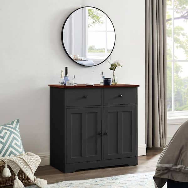 Tileon 31.5 in. W x 15.4 in. D x 31 in. H Black MDF Ready to Assemble Floor Pantry Cabinet with 2-Drawers