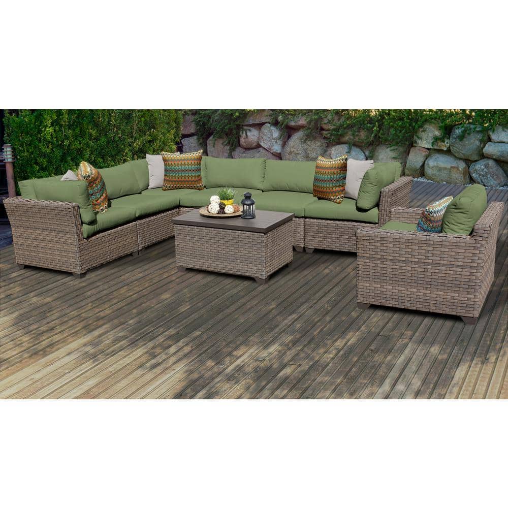 TK CLASSICS Monterey 8-Piece Wicker Patio Conversation Sectional Seating Group with Cilantro Green Cushions -  8799087
