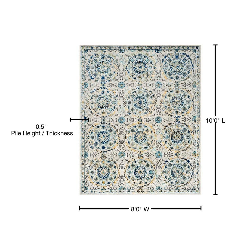 Ivory and Blue High Pile Floral Medallion Area Rug