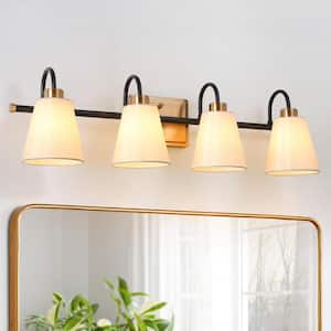Modern Classic 28 in. W 4-Light Plated Brass and Black Linear Vanity Light with White Cone Fabric Shades