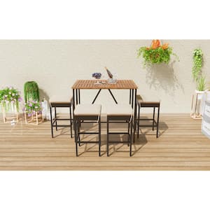 5-Piece Garden PE Rattan Wicker Outdoor Dining Table Set Bar Height Table And Four Stools with Beige Cushions