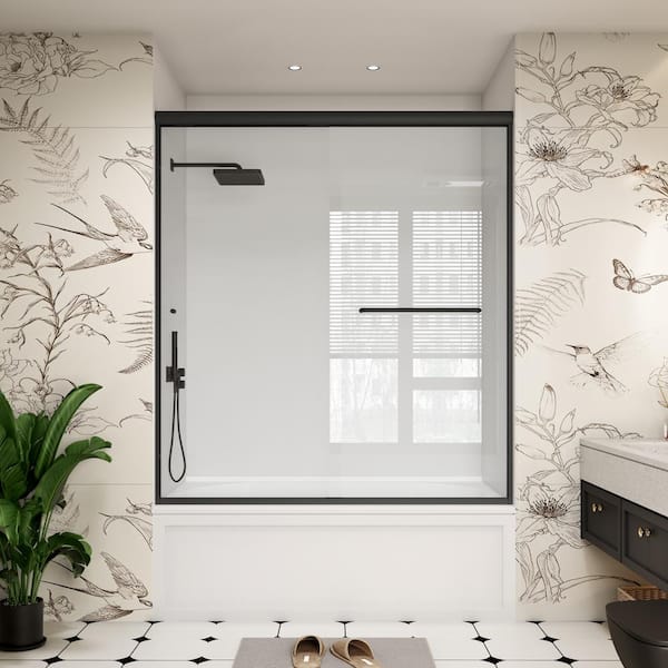 YINVANI 60 in. W x 66 in. H Double Sliding Framed Bypass Bathroom Tub Door in Matte Black with Easy-Clean Clear Glass