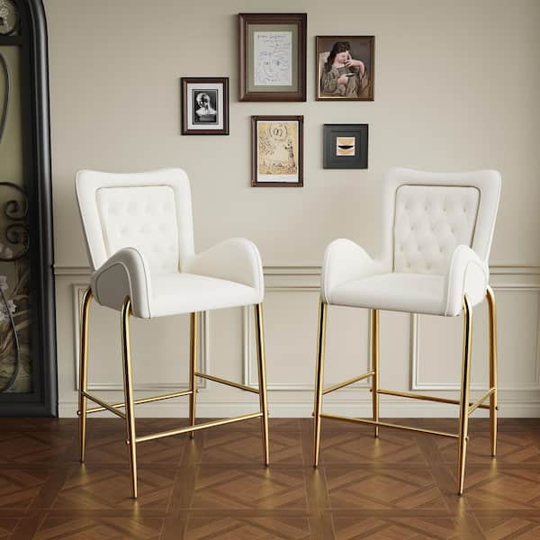 28. 75in. Counter Height Bar Stools Set of 2, Bar Height Arm Chairs, Velvet Fabric Stools, Golden Legs, Footrests, White