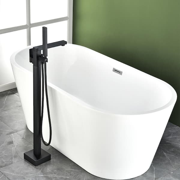 Kroias Matte Black Freestanding Bathtub Faucet - Floor Mount With Waterfall Spout & Handheld Shower