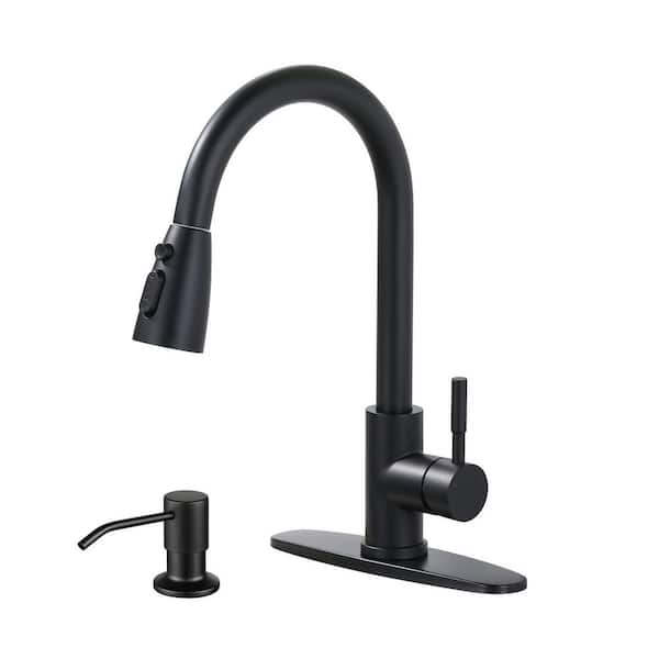 VEVETTA Single Handle Pull Down Sprayer Kitchen Faucet with 3-Mode Sprayer and Soap Dispenser in Matte Black