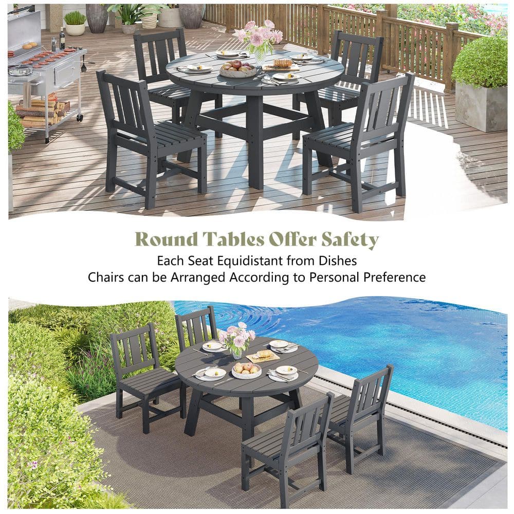 Gray outdoor dining set shown in two different settings: a wooden deck and a poolside patio.