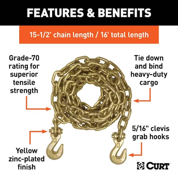 CURT 16' Transport Binder Safety Chain with 2 Clevis Hooks (18,800