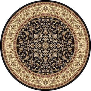 Noble Black 5 ft. Round Traditional Floral Oriental Area Rug