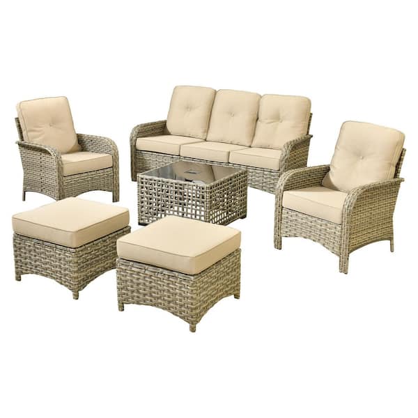 Ruby 6-Piece Wicker Outdoor Furniture Patio Conversation Sofa Set with a Solar-LED Coffee Table and Beige Cushions