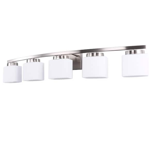 41 in. 5-Light Nickel Vanity Light for Vanity Powder Room Dressing Room with Curved Arms and Milk White Shade