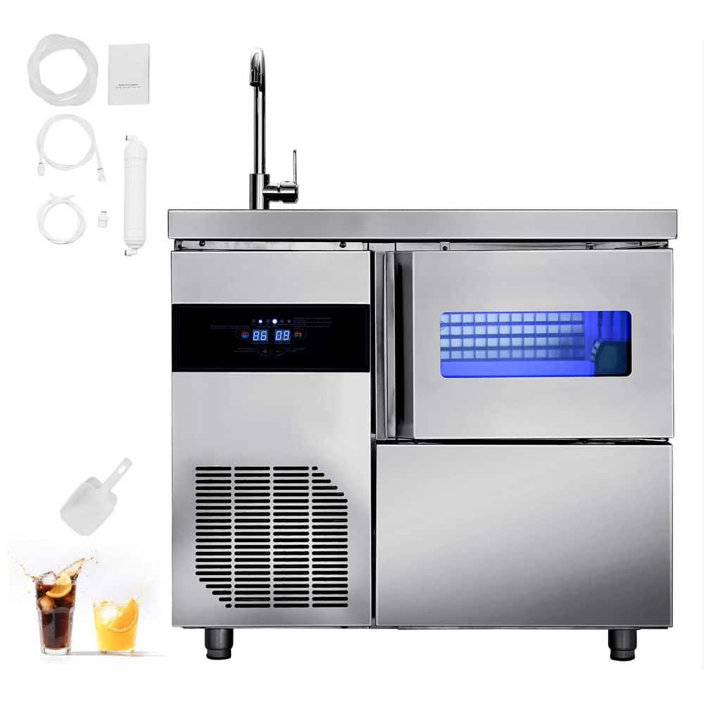 Commercial Ice Maker Machine with Worktop 132 lbs./24 H 30 lbs. Storage 33.46 in. Full Size Cubes Freestanding Silver