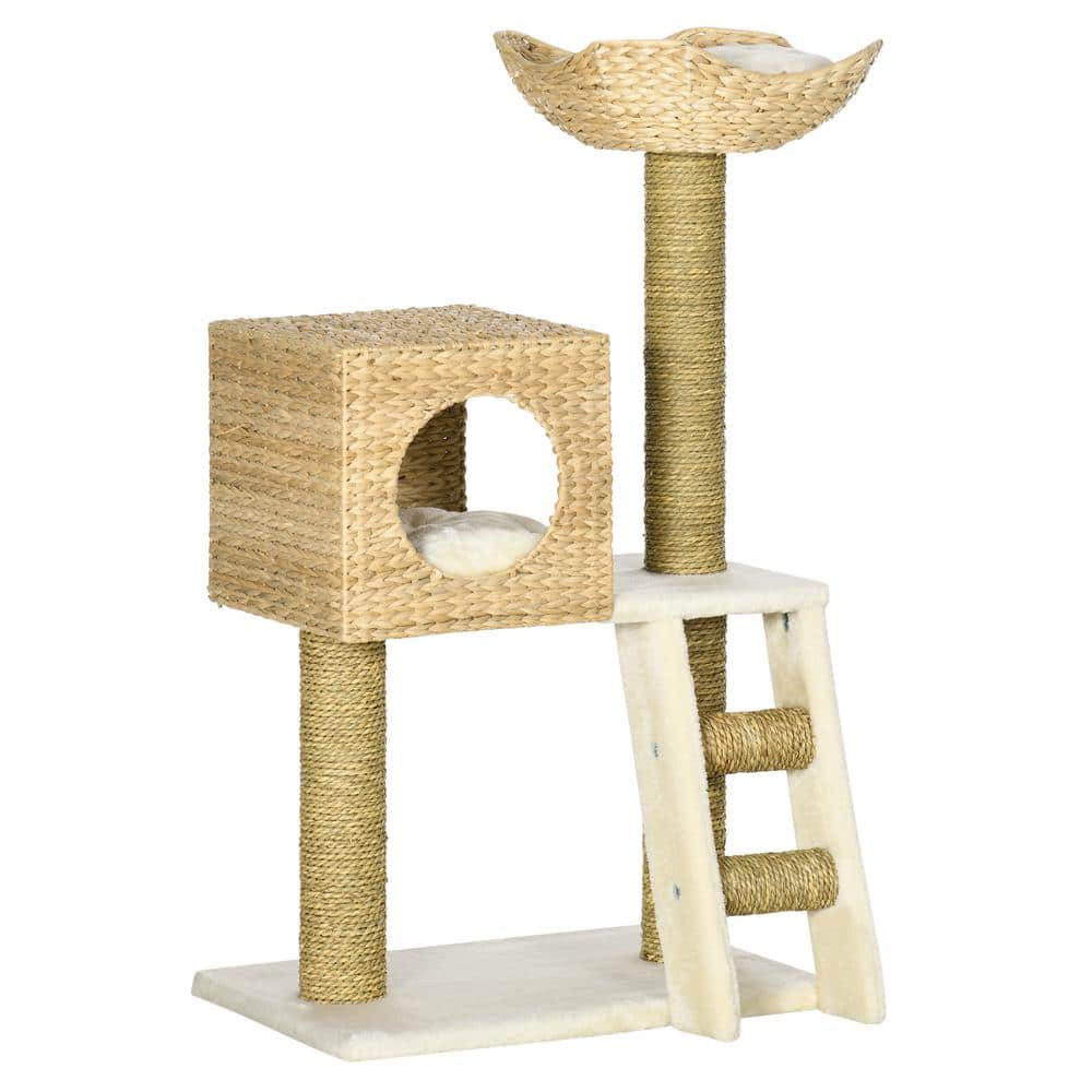 PawHut Cattail Weave Cat Tree for Indoor Cats Kitty Tower with Rattan