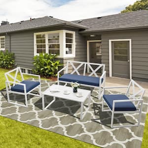 4-Pieces Metal Sturdy Steel Patio Conversation Set with Navy Cushions