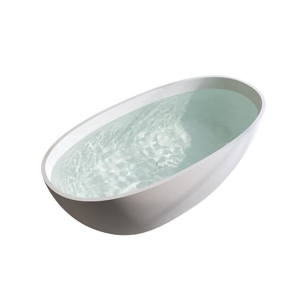 59.00 in. x 30.70 in. Flat Bottom Stone Resin Freestanding Soaking Bathtub with Center Drain in Matte White