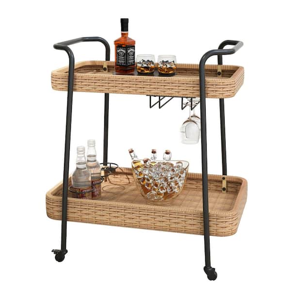 Outdoor Bar Cart Tray with Wheels, 2-Tier Wicker Rolling Bar Beverage Serving Cart