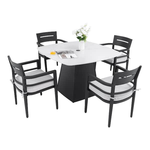 5-Piece Sintered Stone Outdoor Dining Set, 44" Rounded Square Table with Flared Base and 4 Armchairs with Beige Cushion